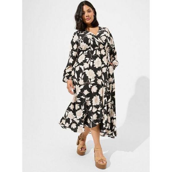 torrid Dresses & Skirts - Torrid Dress Womens 2X 18-20 Black Floral Midi Ruffle Surplice Gauze Dress
